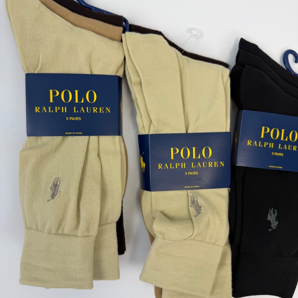 Polo Ralph Lauren Mens Dress Socks 9 Pairs Lot Black Brown Khaki Size 10-13 NEW - Picture 2 of 6